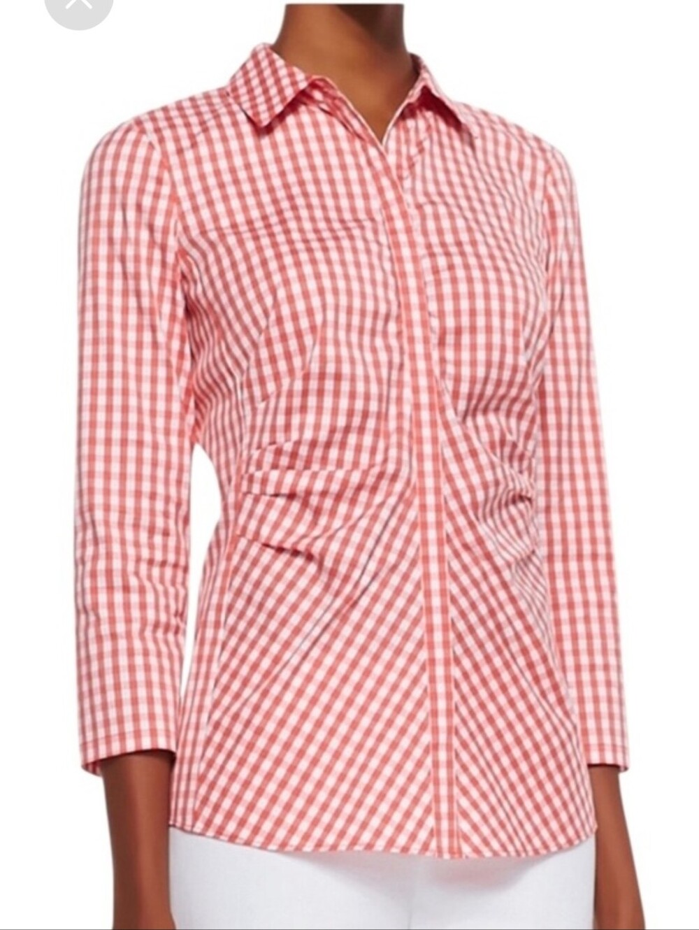 Lafayette 148  Button Down Blouse Shirt Sz 14 Orange/White Gingham Check Stretch